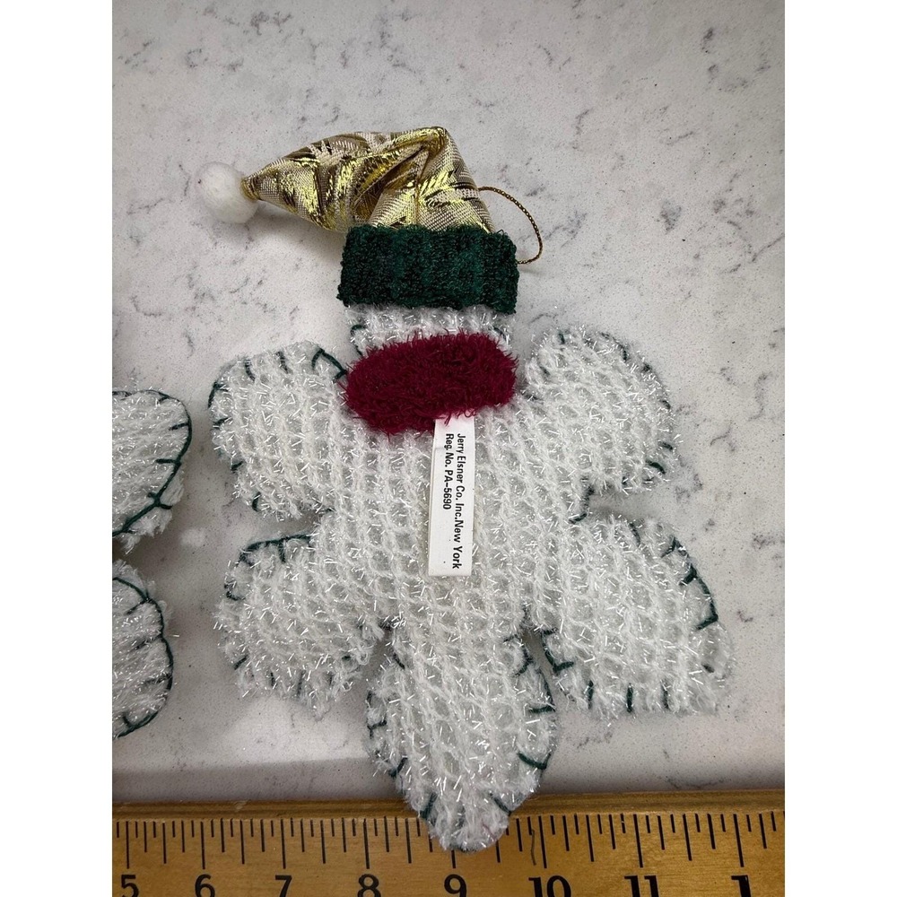Set Of 2 Snowman Christmas Ornaments Plush White Scarf Hat Glitter Snowflake - Picture 4 of 6